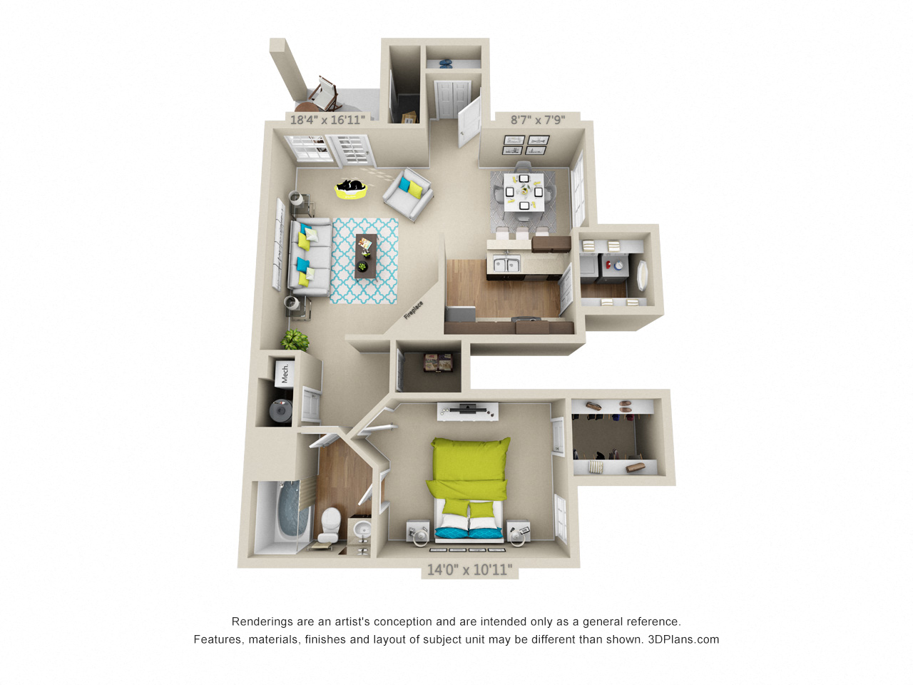 Floor plan for 1 bed, 1 bath, 1062 sqft